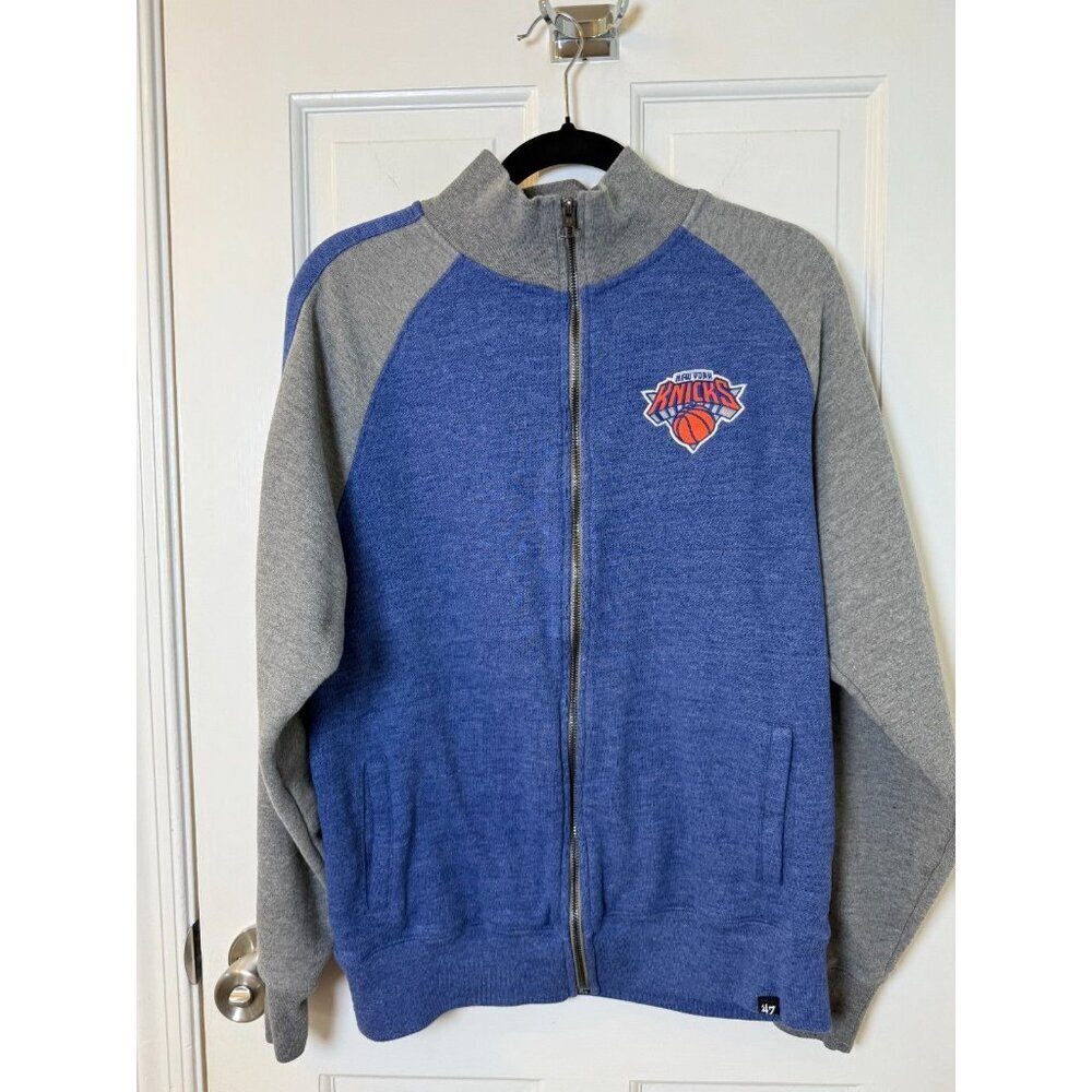 New York Knicks Mens Med 47 Brand Blue Gray Full Zip Track Jacket NBA Logo - Picture 2 of 13
